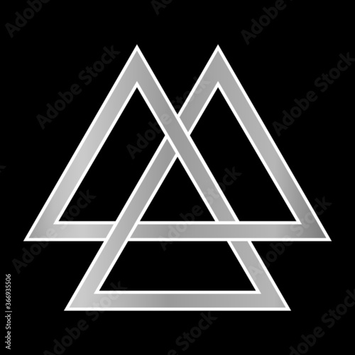 Valknut interlocking triangle magic sacred symbol from norse heathen religion. Silver foil effect on black background