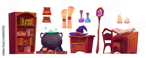 Magic school interior with open book of spell, paper scroll, staff and cauldron with potion. Vector cartoon set of furniture in wizard or witch room, hat, candles, flasks and bookcase © klyaksun