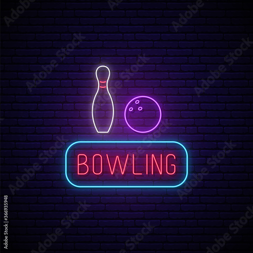 Bowling neon sign. Bright neon signboard, light banner. Bowling club emblem. Vector illustration.
