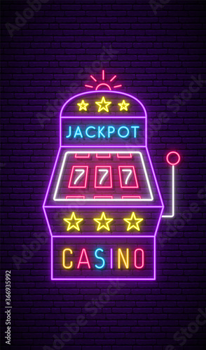 Slot machine neon sign. Bright neon signboard, light banner. Casino emblem. Vector illustration.