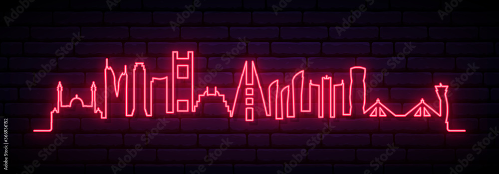 Fototapeta Czerwony neon panoramę miasta Manama. Transparent długi jasny Manama. Ilustracja wektorowa.