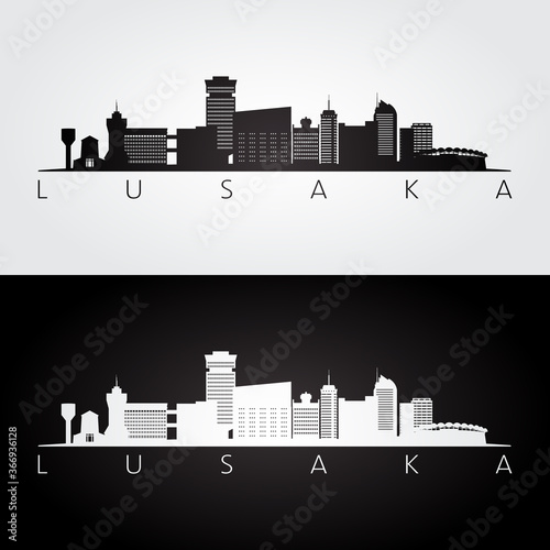 Lusaka, Zambia skyline and landmarks silhouette, black and white design, vector illustration. photo