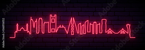 Red neon skyline of Manama city. Bright Manama long banner. Vector illustration.