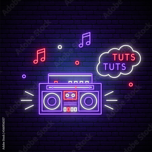 Retro tape recorder neon sign. Glowing neon illustration in trendy 80s-90s neon style. Night clun neon emblem. Vector banner.