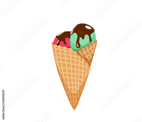 Delicious yummy ice cream with two balls, chocolate, waffles isolated on white background. I choose sweet positive life, design concept