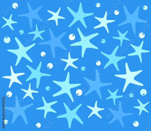 Summer background pattern. Sea, ocean, marine theme. Cute pattern with sea stars and bubbles.