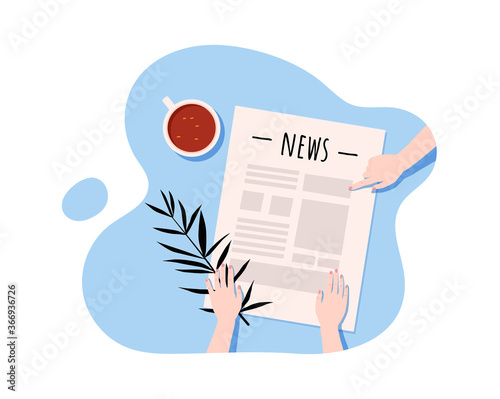 Opened newspaper in female hands and coffee cup. News for woman. Women are reading news or interesting articles. Flat design vector illustration with floral elements
