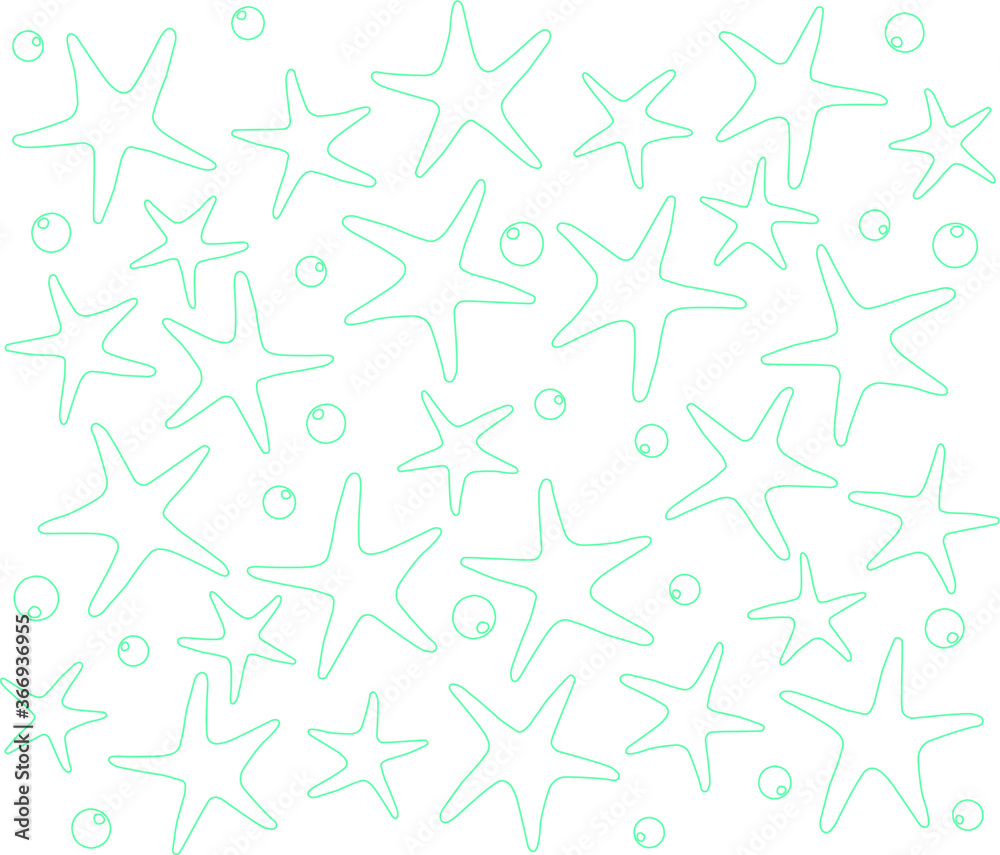 Summer background pattern. Sea, ocean, marine theme. Cute line pattern with sea stars and bubbles.