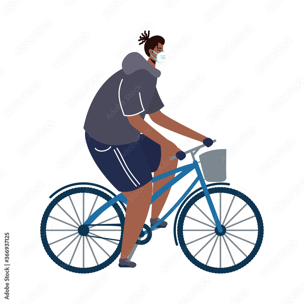 Obraz premium young afro man wearing medical mask in bicycle character