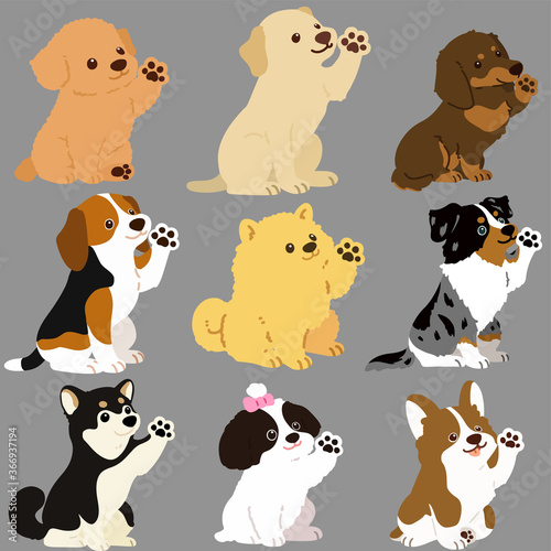Set of flat colored cute and simple dog sitting waving hand