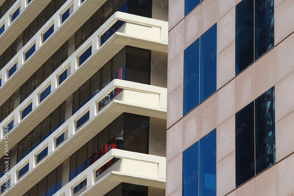 Cityscape of Two modern office buildings in a central business district
