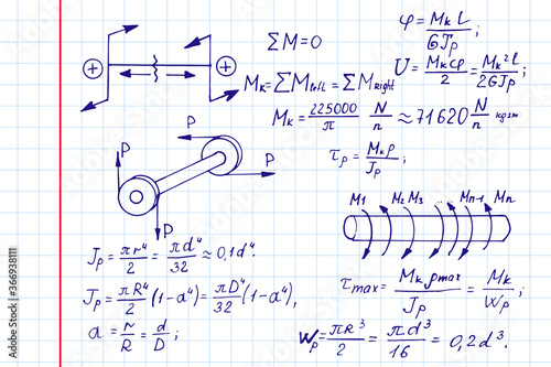 Rotation. Physical equations and outlines on notebook page. Vector hand-drawn illustration. Retro scientific and educational background.