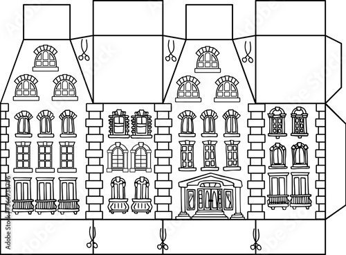 Funny doodle house. Vintage style. Scheme. Model to cut and building. Paper Model House. Houses from paper and a color cardboard. Picture for decoration and coloring, scheme for gluing a paper house.