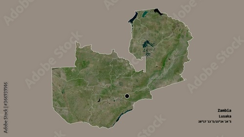 Southern, province of Zambia, with its capital, localized, outlined and zoomed with informative overlays on a satellite map in the Stereographic projection. Animation 3D photo