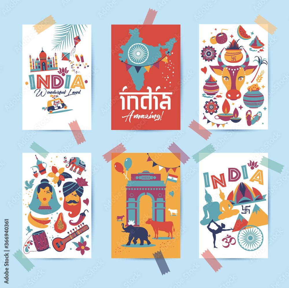 India set Asia country vector Indian architecture Asian traditions buddhism travel isolated icons and symbols in 6 cards. India set Asia country vector Indian architecture Asian traditions buddhism travel isolated icons and symbols in 6 cards.