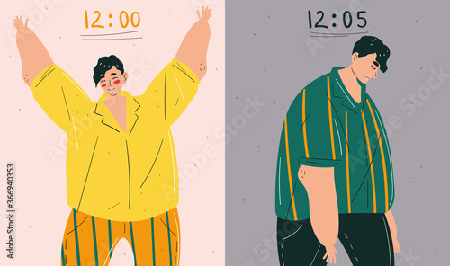 Bipolar disorder concept. For 5 minutes a man is in two emotional states of happiness and depression. Abrupt mood swings. Flat design vector illustration with cartoon character.