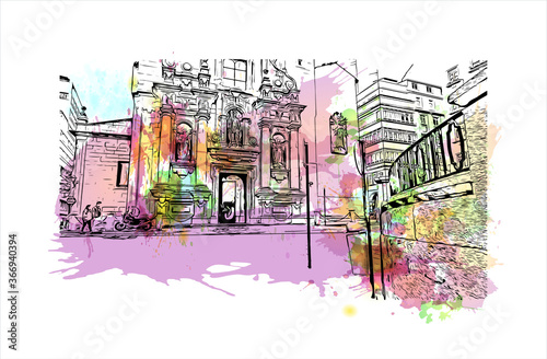 Building view with landmark of A Coruna is a port city on a promontory in the Galicia region of northwest Spain. Watercolor splash with Hand drawn sketch illustration in vector.