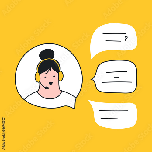 Online support, chatting, messaging, call center at work. Chat bubble with a head of the customer service representative or a call service specialist. Flat line vector illustration.