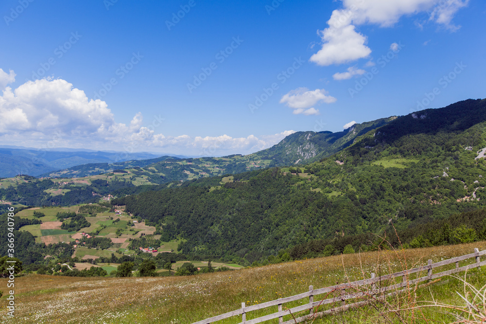 Beautiful nature landscape , panoramic view, summer day, fresh air, amazing view, blue sky with clouds, green valley