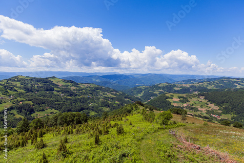 Beautiful nature landscape , panoramic view, summer day, fresh air, amazing view, blue sky with clouds, green valley