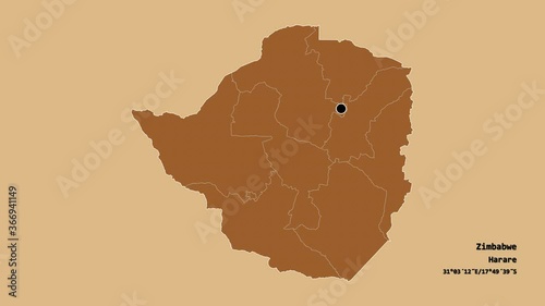 Manicaland, province of Zimbabwe, with its capital, localized, outlined and zoomed with informative overlays on a solid patterned map in the Stereographic projection. Animation 3D photo