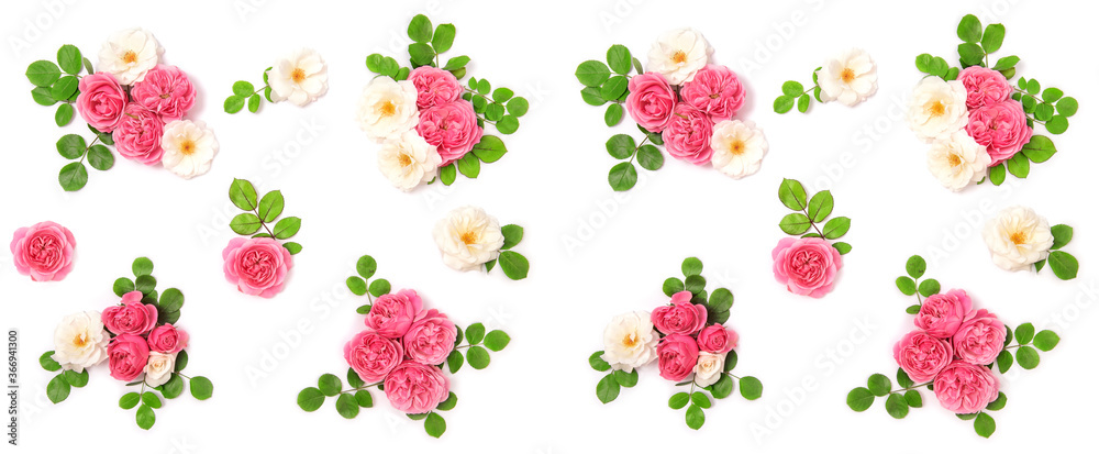 Pink rose flowers green leaves decoration Floral flat lay banner