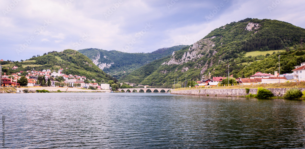 Historic bridge over the Drina River, Panoramic view of Famous Tourist Attraction, Visegrad, Bosnia and Herzegovina
