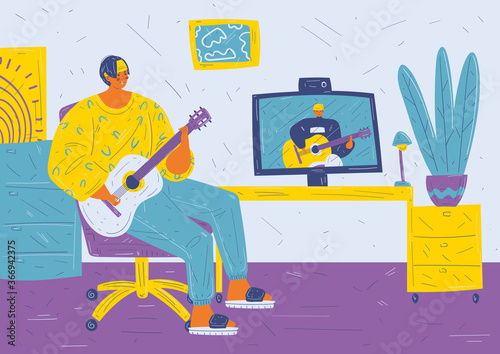 Concepts of online guitar lessons. A young man sits in a room on an office chair with a guitar and have a video communication with a teacher or watches a video lesson. Funny cartoon flat character.