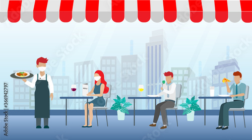 New normal life in social distancing during COVID-19 pandemic. Waiter in restaurant serving food to customer,wearing face mask, keeping distance to protect from COVID-19 coronavirus spreading. 
