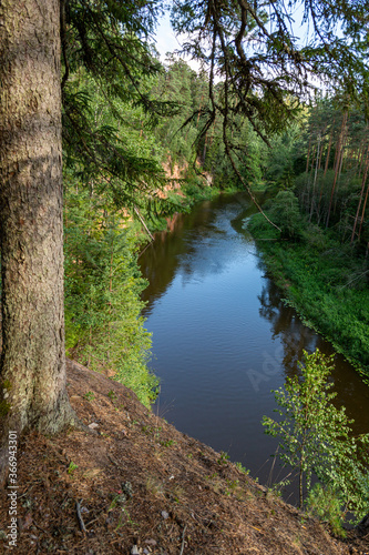 View to the river Salaca from high sandstone cliff in Skanaiskalns (Skaņaiskalns) Nature park in July in Mazsalaca in Latvia