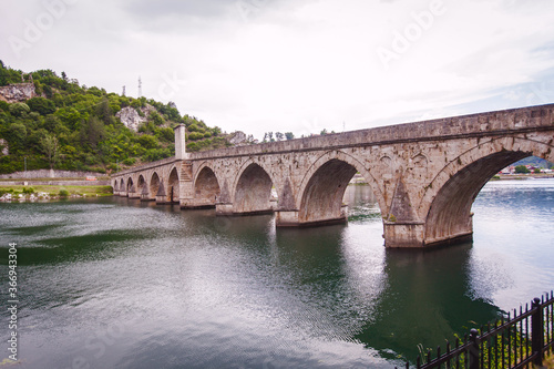 Historic bridge over the Drina River  Famous Tourist Attraction  The Mehmed Pasa Sokolovic Bridge in Visegrad  Bosnia and Herzegovina