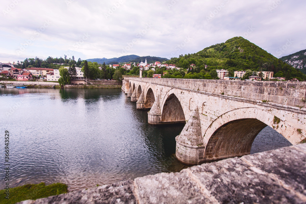 Historic bridge over the Drina River, Famous Tourist Attraction, The Mehmed Pasa Sokolovic Bridge in Visegrad, Bosnia and Herzegovina