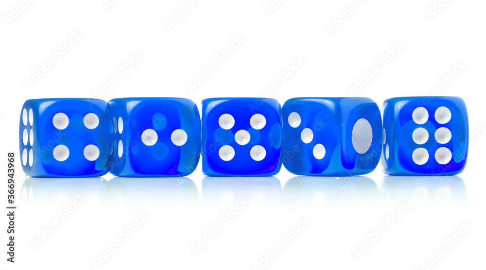 Blue dice game cubes on white background isolation