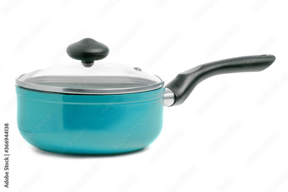Blue pan of a ladle with lid on white background isolation Blue pan of a ladle with lid on white background isolation