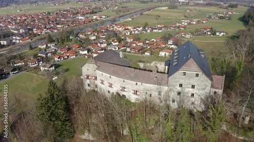 Aerial view, flight at Tiroler Achen, Marquartstein, Upper Bavarian district of Traunstein, Germany with Marquarstein Castle photo