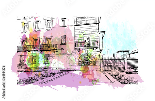 Building view with landmark of A Coruna is a port city on a promontory in the Galicia region of northwest Spain. Watercolor splash with Hand drawn sketch illustration in vector.