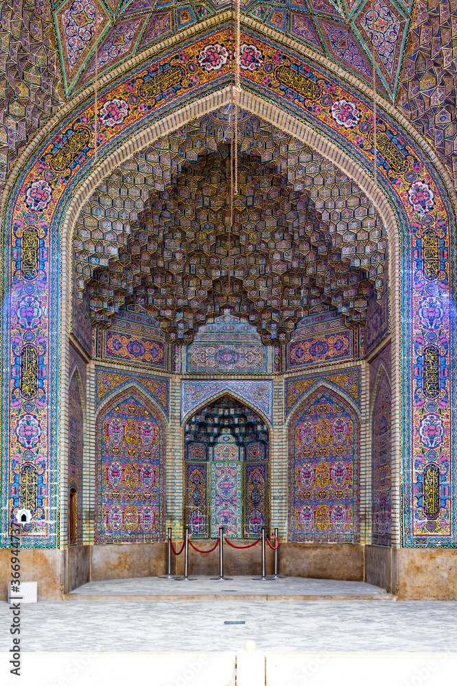 Nasir-ol-Molk Mosque or Pink Mosque, Tiled walls and stuck ceilings, Shiraz, Fars Province, Iran, Asia