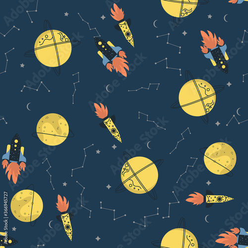Vector space seamless pattern with planets, comets, constellations, rockets and stars. Sky illustration astronomical background. Use for textile, zodiac star yoga mat, phone case, notebook cover