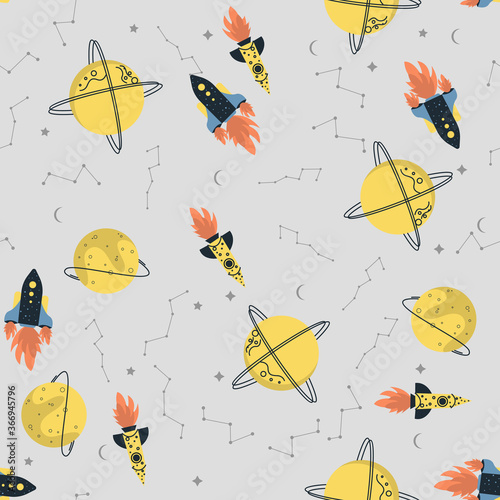 Vector space seamless pattern with planets, comets, constellations, rockets and stars. Sky illustration astronomical background. Use for textile, zodiac star yoga mat, phone case, notebook cover
