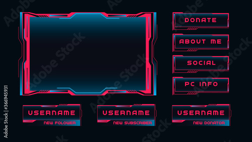 Streaming interface windows. Red frames with control panels broadcast of online games presentation and review of cyber players futuristic vector dark background.