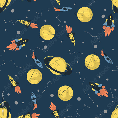 Vector space seamless pattern with planets, comets, constellations, rockets and stars. Sky illustration astronomical background. Use for textile, zodiac star yoga mat, phone case, notebook cover