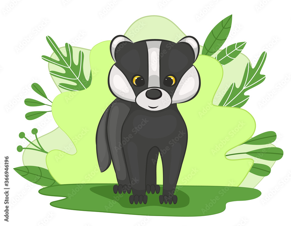 Cute little badger cub in a forest clearing. Green background with foliage and plants. Cartoon style. Vector illustration. Cute little badger cub in a forest clearing. Green background with foliage and plants. Cartoon style. Vector illustration.