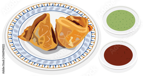 Favorite Indian snack - Samosa served on plate with chutney