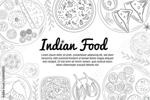 Indian food cuisine variety arranged in background as line art illustration