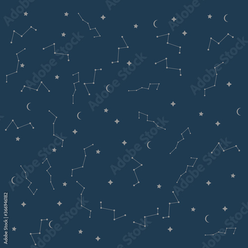 Vector space seamless pattern with planets, comets, constellations, rockets and stars. Sky illustration astronomical background. Use for textile, zodiac star yoga mat, phone case, notebook cover