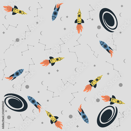 Vector space seamless pattern with planets, comets, constellations, rockets and stars. Sky illustration astronomical background. Use for textile, zodiac star yoga mat, phone case, notebook cover