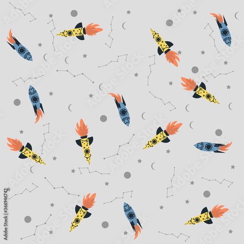 Vector space seamless pattern with planets, comets, constellations, rockets and stars. Sky illustration astronomical background. Use for textile, zodiac star yoga mat, phone case, notebook cover