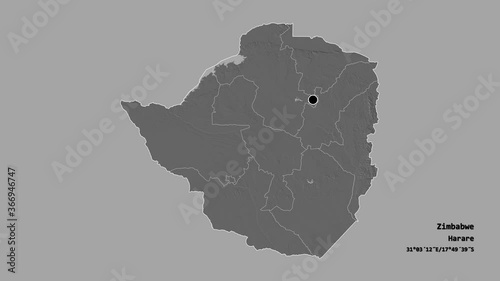 Midlands, province of Zimbabwe, with its capital, localized, outlined and zoomed with informative overlays on a bilevel map in the Stereographic projection. Animation 3D photo