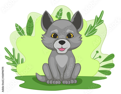 Cute little wolf cub on green forest glade. Pup on the background of foliage and plants. Cartoon style. Vector illustration.