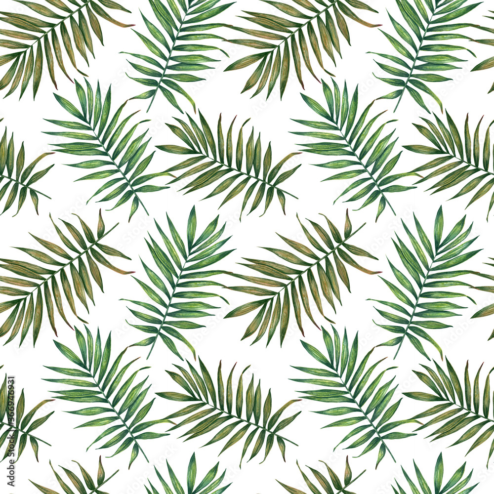 Palm leaves watercolor seamless pattern. Hand painted background. For wrapping paper, textiles, wallpaper and fabric pattern.